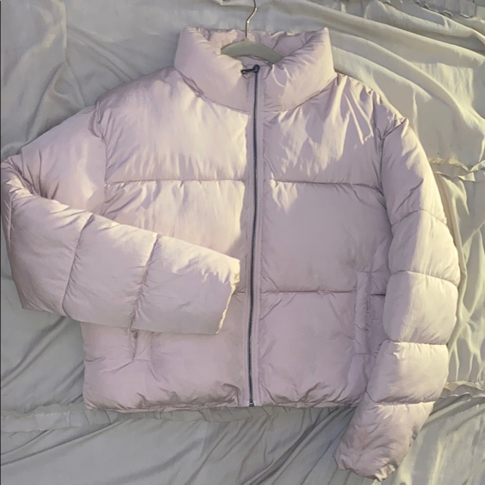 pink cropped puffer jacket